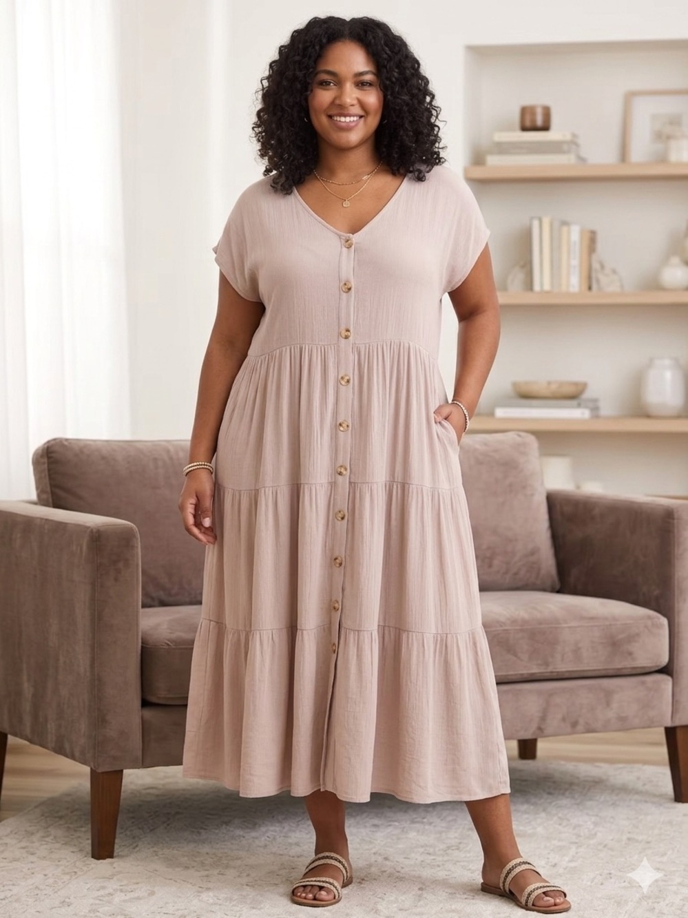 Perch by Blu Pepper Tiered Faux Button Midi Dress Rose Taupe Size 2X Plus Size
